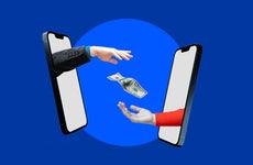 Fantasy illustration of arms reaching out of cell phone screens and handing over cash