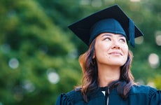 University student, woman and outdoor for graduation with memory, smile or thinking