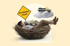 A man laying in a very large bird nest, fiction