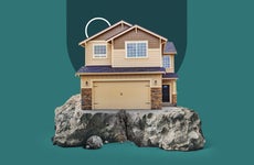 photo illustration of house on edge of cliff with blue-green background